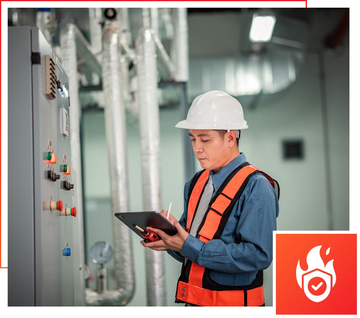 Engineer inspecting control panel with tablet